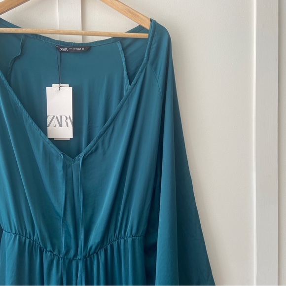 Zara Satin Teal Jumpsuit with elastic waist, wide leg - Size M - Picture 10 of 10